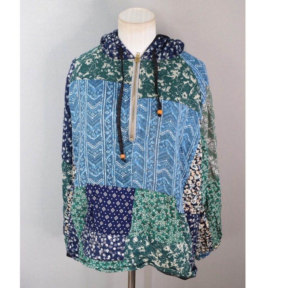 Sacred Threads Patchwork Hoodie L/XL Blue Green Floral Boho Pullover 1/4 Zip